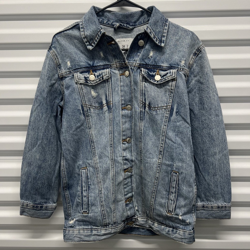 Denim Co Womens Denim Jacket 100% Cotton Blue Distressed Trucker Boho Classic — photo 2